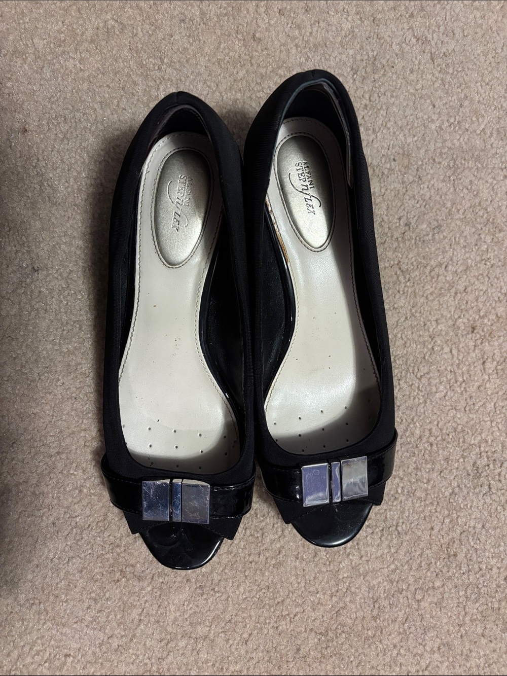 Alfani Black Peep-Toe Ballet Flats with Decorative Metallic Bow